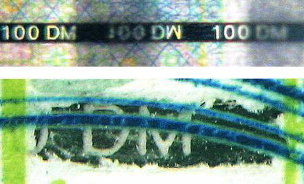 Рис. 17. Ныряющая нить с прозрачным текстом (100 марок Германии): 